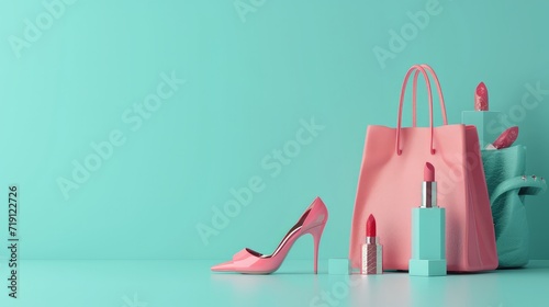 Fashion accessories bag, high heels, lipstick in bag shopping on pastel blue background. 3d rendering   