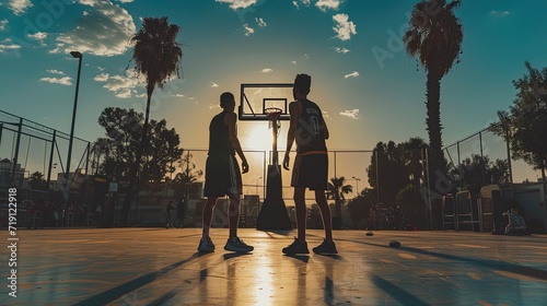 Silhouette of two young basketball players playing basketball on the court, ai generative © Resi