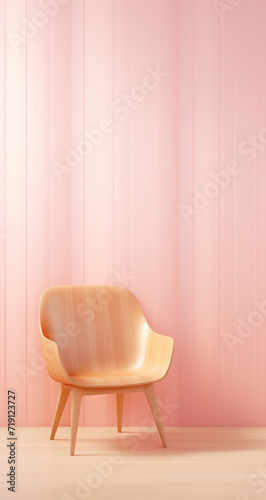 Wooden chair in a peach fuzz colored room .Minimal interior concept.Copy space,top view.Trendy social mockup or wallpaper