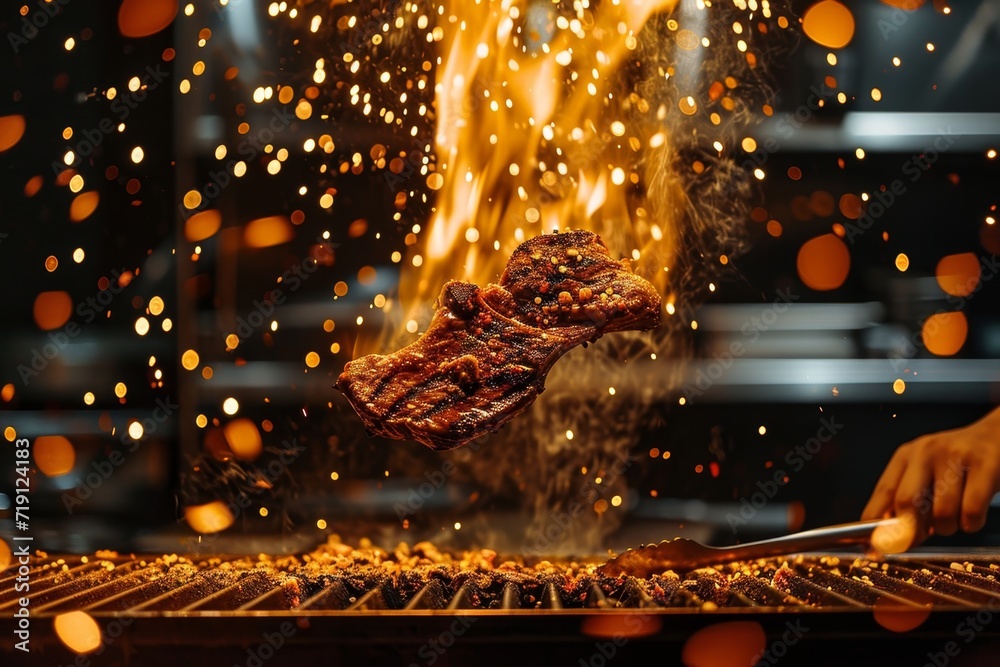 A hearty steak on fire, sizzling on a hot grill