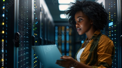 Laptop, network and data center with a black woman it support engineer working in a dark server room. Computer, cybersecurity and analytics with a female programmer problem solving or troubleshooting  photo