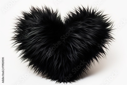 Furry fluffy black heartshape cushion isolated on white