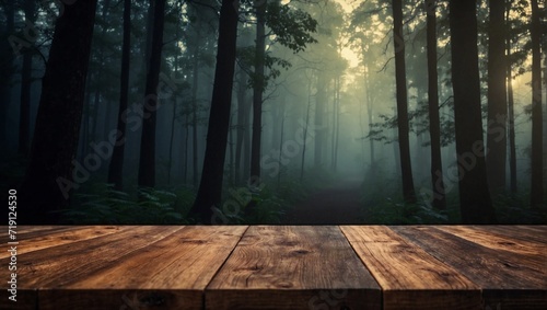Empty Wooden Table Background Blurred Dark Foggy Forest, Wooden Table