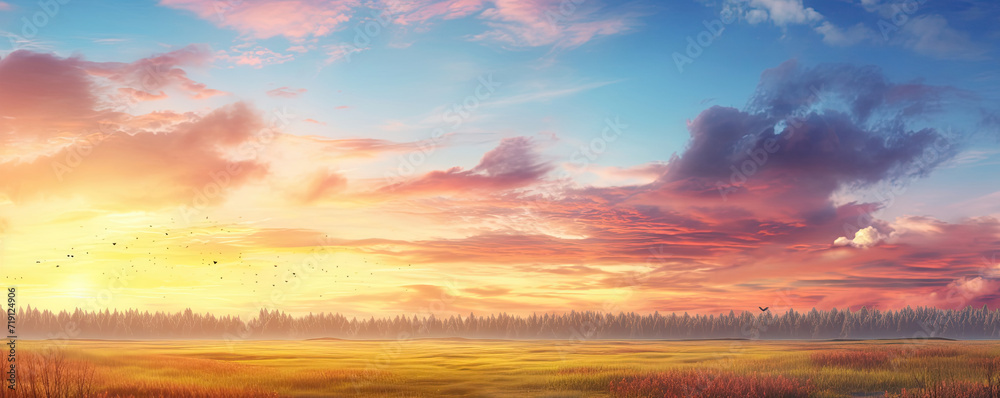 A Painting of a Sunset Over a Field