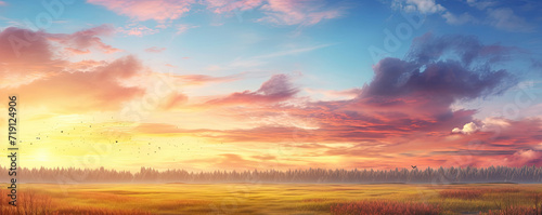 A Painting of a Sunset Over a Field