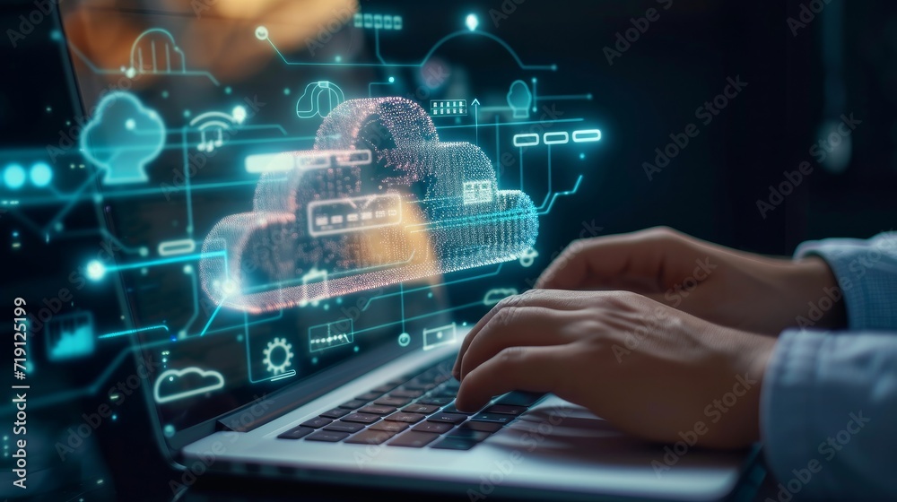 man use Laptop with cloud computing diagram show on hand. Cloud technology. Data storage. Networking and internet service concept.    - obrazy, fototapety, plakaty 
