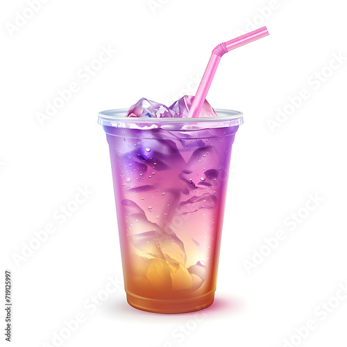 Plastic Cup with bright pink and purple liquid iced tea and straw on white background
