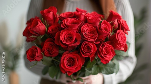 Woman holding luxury bouquet of fresh red roses on light background, closeup 