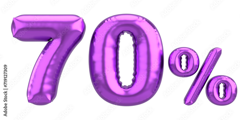 Seventy percent. 70% balloon text. 3D illustration. Seventy percent. 70% balloon text. 3D illustration.