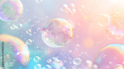 Soap bubbles float on a soft pastel background that is pleasing to the eye.