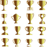 Golden trophy collection, cup vector illustrations. Perfect for winners, champions, contests. Diverse designs including cups, traditional styles. Shiny gold color, achievement symbol