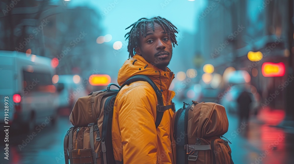 black african man in the street with backpack at the airport