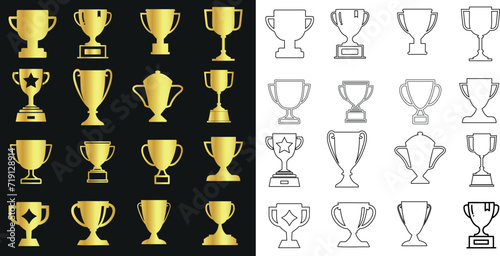 Gold Trophy Collection, cup Outline Icons, Winner Cups, Various Shapes, Sizes, Success, Victory, Vector Illustration, Black, White Backgrounds