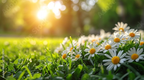 spring natural nackground with flowers, sun burnst and copy space photo