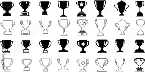 Trophy icons vector set, black cup silhouettes on white. Awards for winners, champions, leadership. Symbols of sports, business achievements. Elegant design for graphics, web