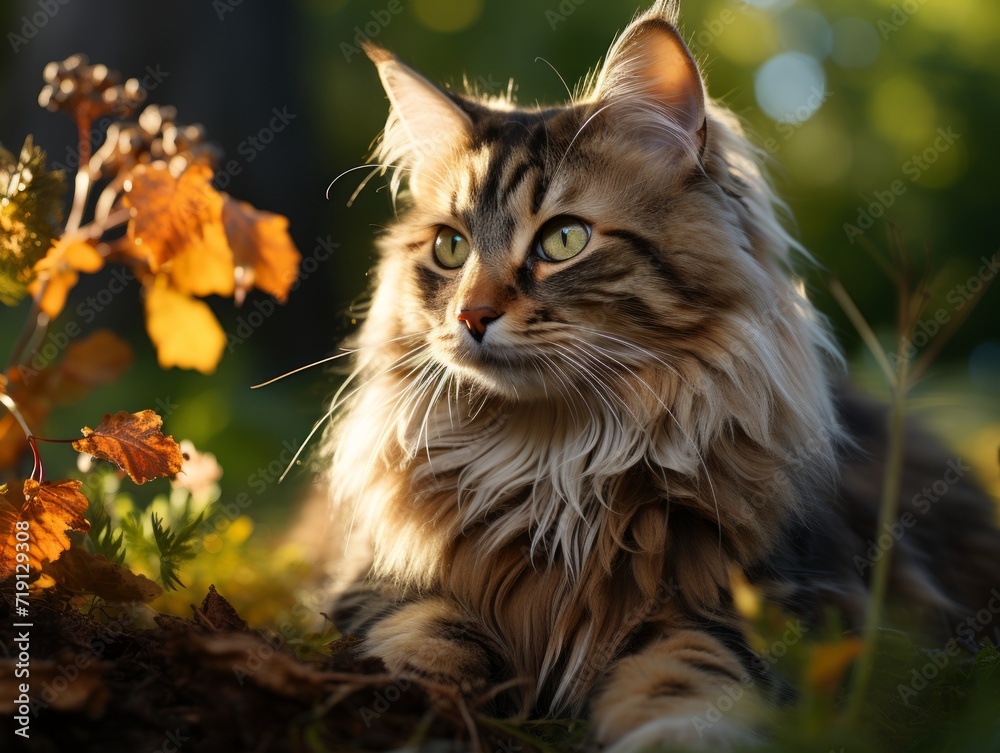 Cute ginger maine coon cat in summer garden. Cute ginger maine coon cat in summer garden.