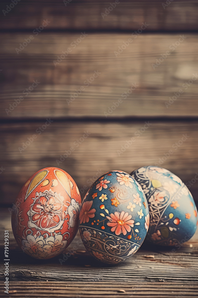 Three Painted Eggs on Wooden Table Three Painted Eggs on Wooden Table