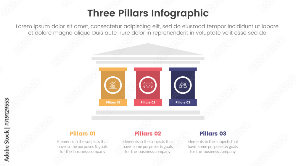 three pillars framework with ancient classic construction infographic 3 point stage template with strong pillar building on center for slide presentation - obrazy, fototapety, plakaty 