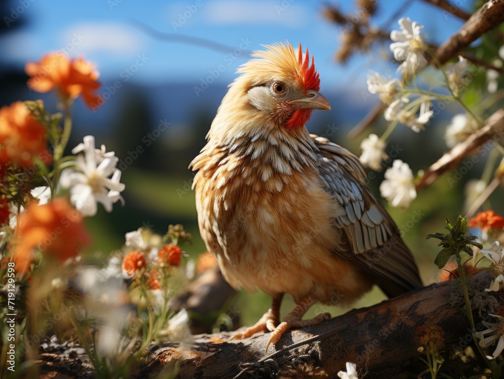Chicken in the meadow on a background of wildflowers