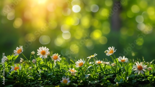 spring natural nackground with flowers, sun burnst and copy space photo