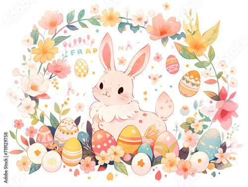 Easter Bunny Surrounded by Flowers and Eggs