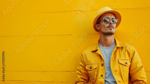 minimalist vivid advertisment background with handsome builder and copy space