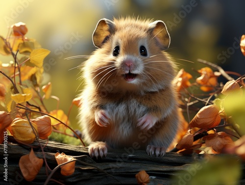 Hamster sits on a branch in the grass in a meadow © Darcraft