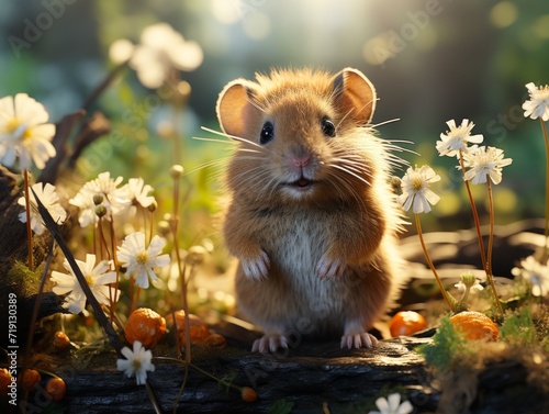 Hamster sits on a branch in the grass in a meadow