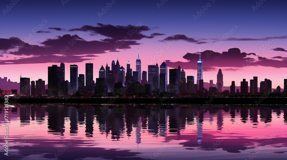 Manhattan Skyline: Panoramic view of the Manhattan skyline during sunset. A vibrant and iconic illustration of urban architecture