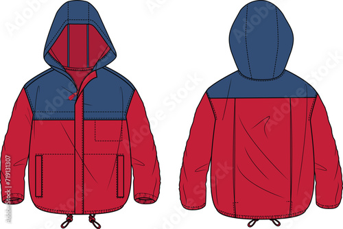 KID BOYS WEAR ANORAK JACKET WITH POCKETS AND HOOD FRONT AND BACK VECTOR ILLUSTRATION