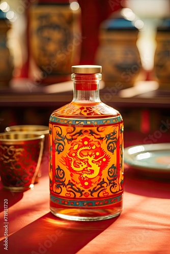 Exquisite Chinese Liquor: A Close-Up View of a Captivating Bottle on the Table