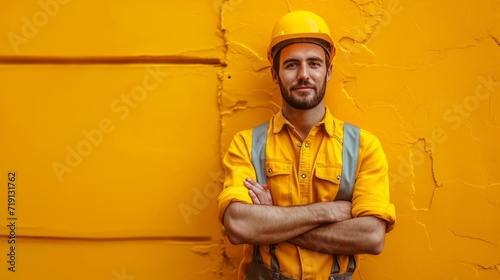 minimalist vivid advertisment background with handsome builder and copy space