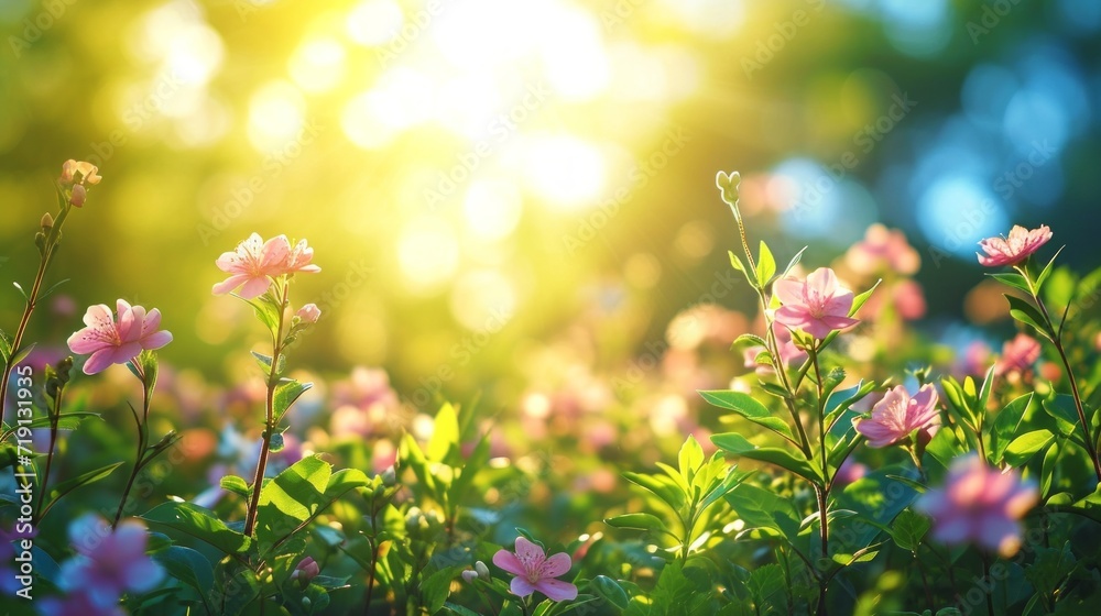 spring natural nackground with flowers, sun burnst and copy space spring natural nackground with flowers, sun burnst and copy space