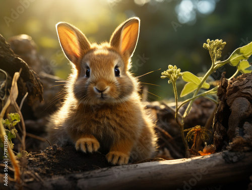 Cute little rabbit sitting in the grass on a sunny day.