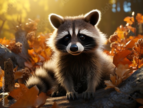 Portrait of a raccoon in the autumn forest.