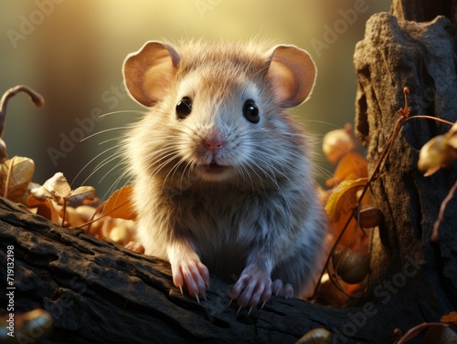Little rat in the autumn forest.