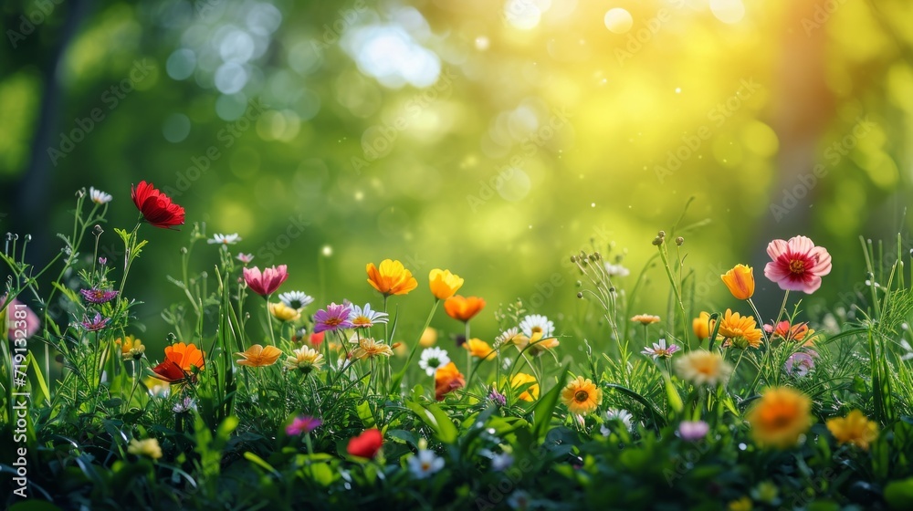 spring natural nackground with flowers, sun burnst and copy space spring natural nackground with flowers, sun burnst and copy space