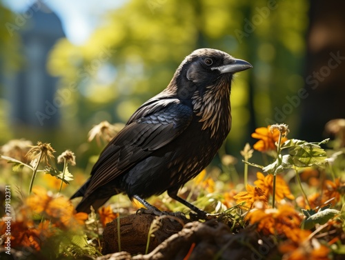 Raven perched on a branch in the forest
