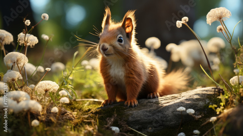 Red squirrel sitting on a log in the forest