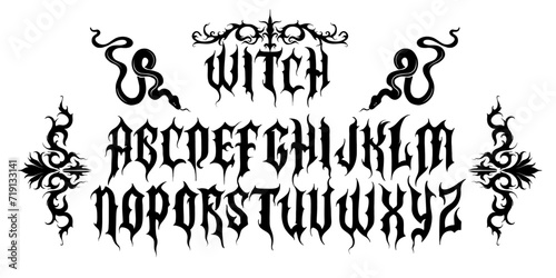 Gothic font, dark tattoo y2k alphabet, medieval letter typography print, dark vintage scary typeface. Rock poster sign, metal music handwriting graffiti, magic calligraphy. Gothic font design photo