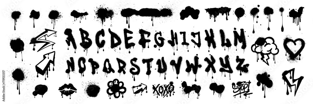 Graffiti font vector spray urban alphabet, wall hand drawn street letters, hip-hop modern style. Grunge drip print, arrow blob texture lettering splash creative poster handwriting. Black graffiti font