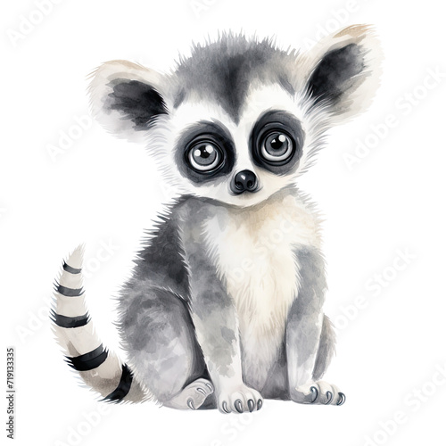 AI-generated watercolor baby Lemur clip art illustration. Isolated elements on a white background.
