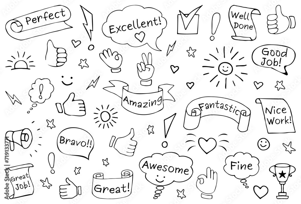 Set of hand drawn vector line doodles in sketch style. Inspirational and motivational slogans, phrases, lettering quotes. Hand gestures: V sign for victory or peace, hand showing ok, thumb up, like.