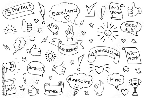 Set of hand drawn vector line doodles in sketch style. Inspirational and motivational slogans, phrases, lettering quotes. Hand gestures: V sign for victory or peace, hand showing ok, thumb up, like.