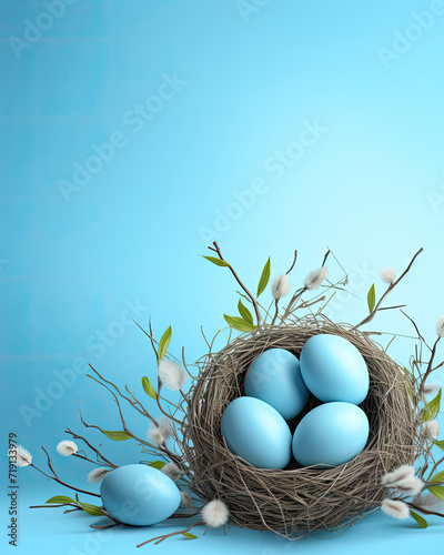 Nest of Blue Eggs on Blue Background photo