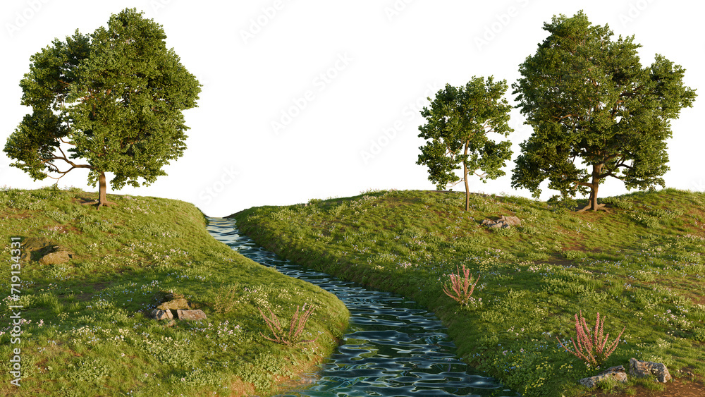 Naklejka premium A calm river flowing in the middle of a lush green landscape with trees. 3D rendering.