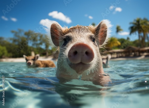 Cute pig swimming in tropical sea, summer vacation concept.