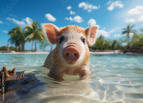 Cute pig swimming in tropical sea, summer vacation concept.