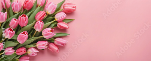 Bouquet of pink tulips on a pink background. Mother s Day. Valentine's Day.