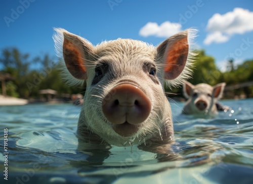 Cute pig swimming in tropical sea, summer vacation concept. © Darcraft